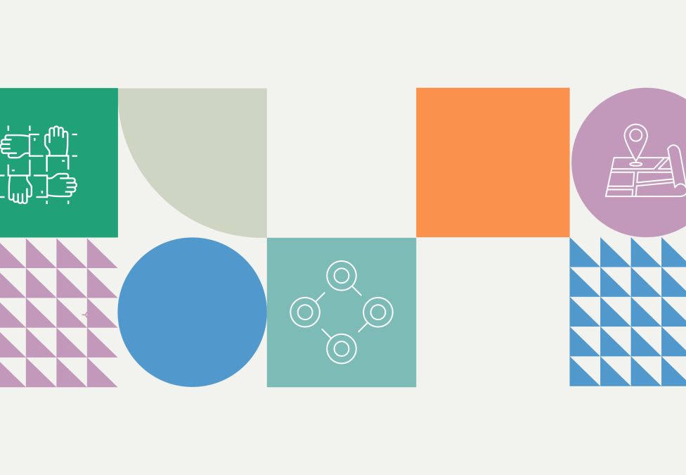Abstract geometric design with colorful squares, circles, and triangles in green, orange, blue, lavender, and beige. White line icons depict linked hands, magnifying glasses in a network, and a location pin on a map.