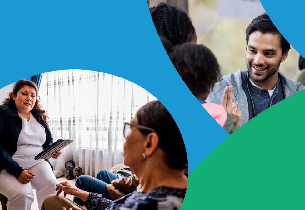 Healthcare and community professionals meeting with people in supportive settings, representing collaboration and care.