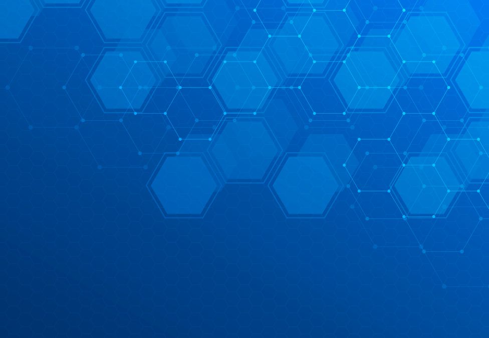 blue graphic with honeycomb shapes