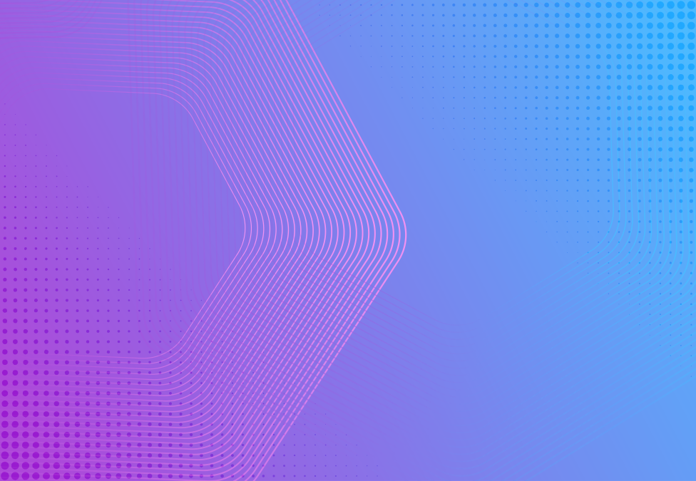 Abstract purple and blue gradient background with curved lines and dotted patterns.