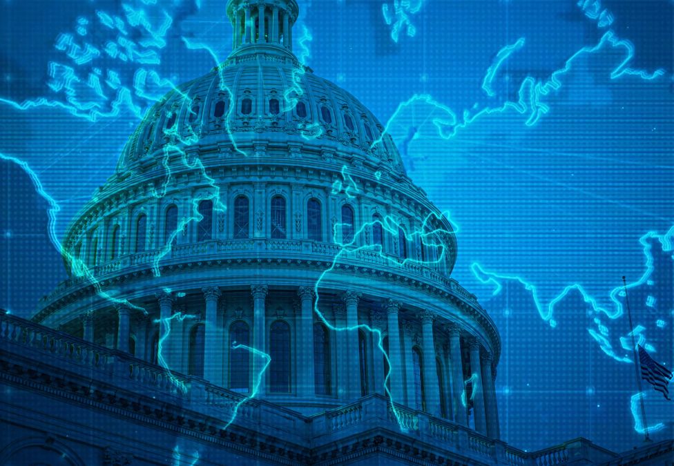 Capitol building with a translucent world map and grid graphic layered on top.