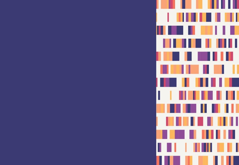 Abstract graphic with a deep indigo field on the left and a vertical panel of multicolored rectangular bars on the right, arranged in rows, suggesting data patterns or genetic variation.