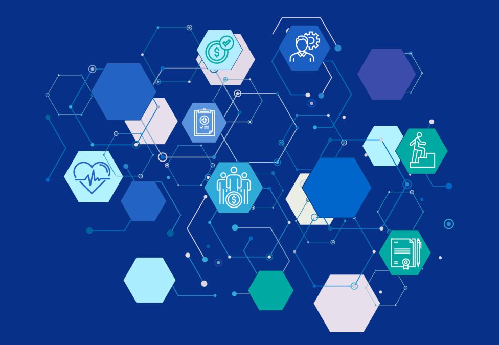 Abstract blue illustration of connected hexagons with icons representing health, finance, workforce, and organizational resilience.