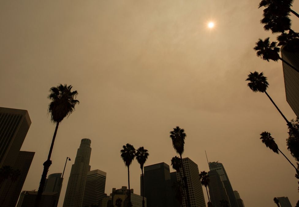 Downtown Los Angeles skyline under a smoke-filled sky, with palm trees silhouetted against a hazy sun during wildfire conditions.