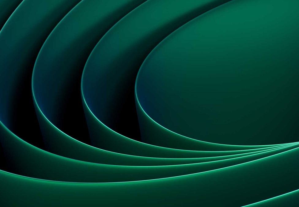 An abstract digital art piece featuring flowing, curved layers in shades of deep emerald green and teal.