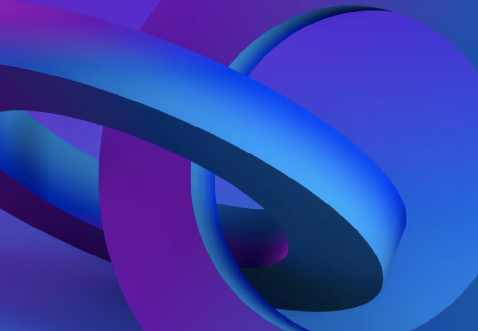 Abstract 3D illustration featuring interlocking blue and purple rings with smooth gradients against a matching blue background.