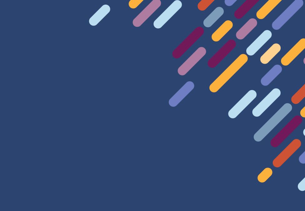 Decorative graphic of colorful rounded dashes arranged in a diagonal pattern radiating from the upper-right corner, on a dark navy blue background. 