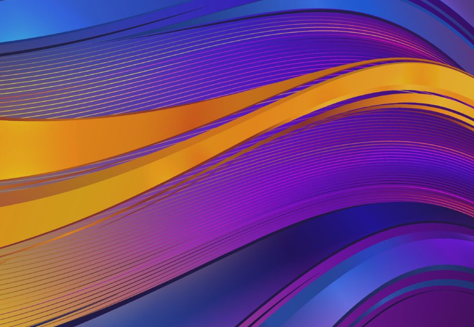 An abstract digital illustration featuring flowing, wave-like ribbons in shades of vibrant orange, deep purple, and royal blue, layered with fine gold and purple pinstripes.