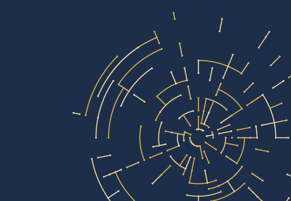 A circular phylogenetic tree diagram rendered in gold on a dark navy background, showing branching evolutionary relationships radiating outward from a central point.