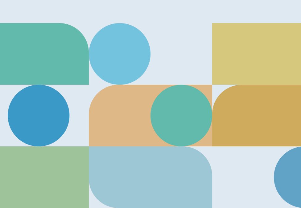 A modern abstract graphic featuring a grid of geometric shapes including circles and rounded rectangles.