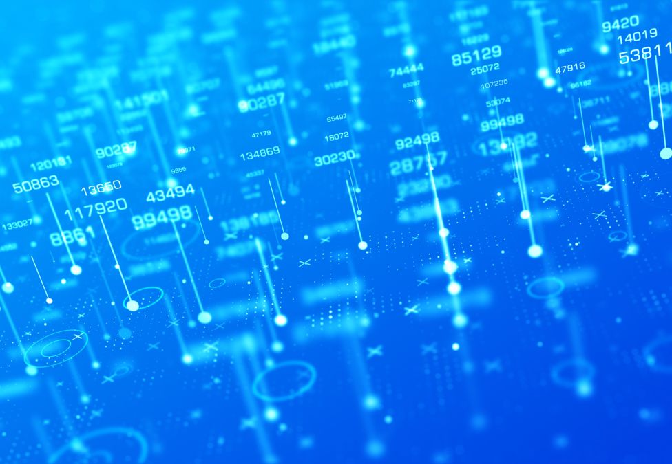 Blue digital background with glowing binary code and data streams