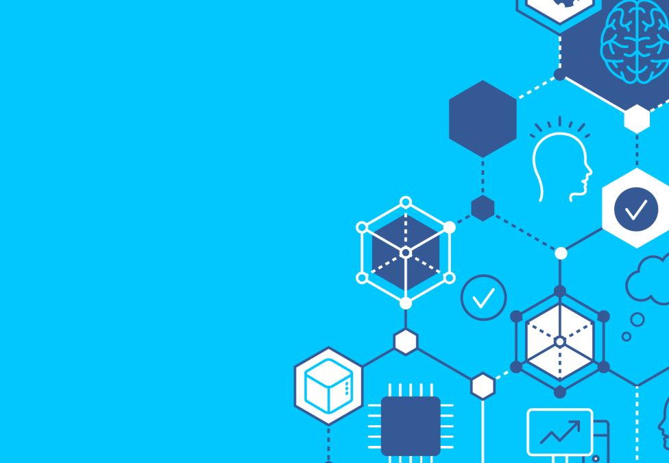 A digital illustration depicting an interconnected network of hexagonal icons representing artificial intelligence and technology concepts, including a brain, human head silhouette, eye, microchip, data cube, cloud, analytics chart, and maze head, connected by dotted lines on a bright blue background.