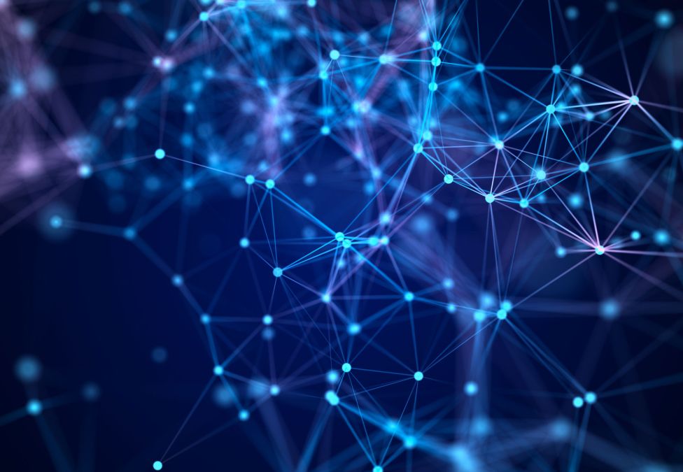 Abstract digital network visualization with glowing cyan nodes connected by lines, forming a geometric mesh against a dark blue background.