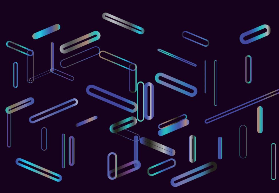 Abstract pattern of scattered rounded rectangular shapes in iridescent blue, teal, and purple gradients on a dark navy background.