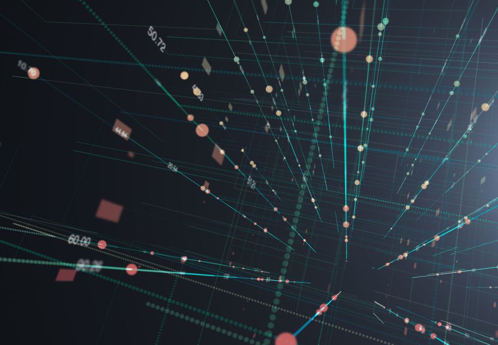 Abstract 3D visualization of a data network with glowing nodes, connecting lines, and floating numerical values on a dark background.