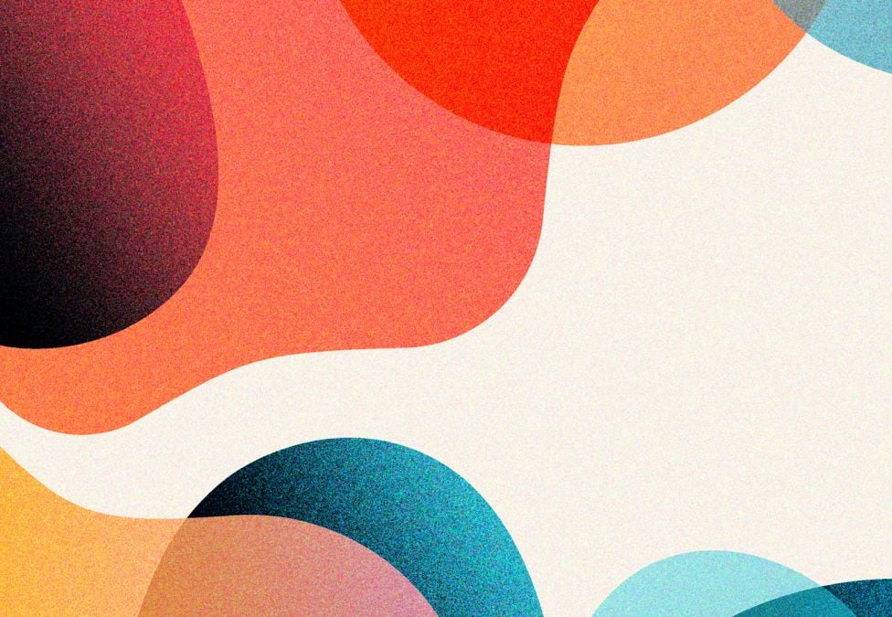 Abstract flowing shapes in coral, teal, orange, and cream colors with smooth organic curves