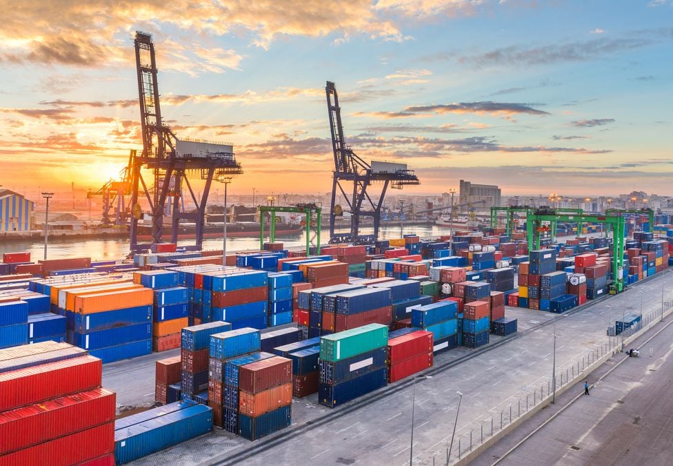 Shipping containers stacked in rows at a port terminal with cranes at sunset