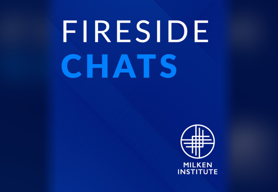 Fireside Chats logo on dark blue background with white geometric symbol