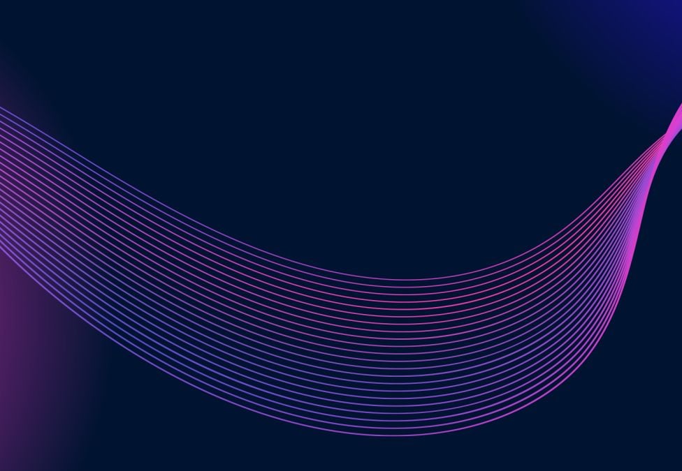 Abstract flowing wave with pink and purple gradient lines on dark blue background