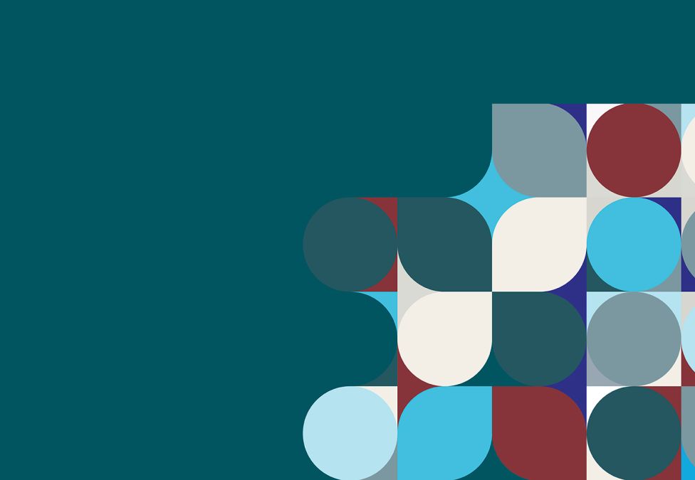 Abstract geometric pattern with overlapping circles in teal, blue, burgundy, and white on dark teal background