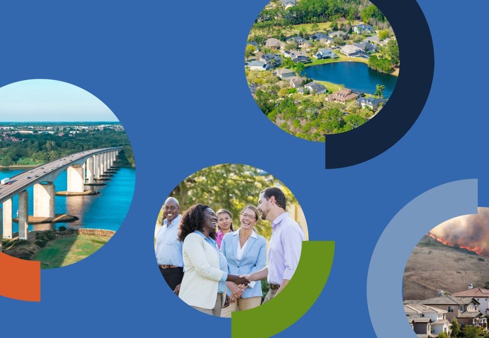 Five circular photos showing various travel destinations on a blue background