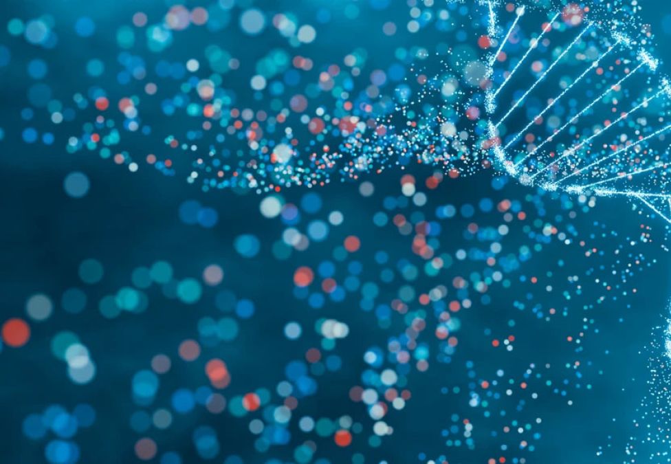 Digital network of glowing blue and white particles forming a connected web pattern