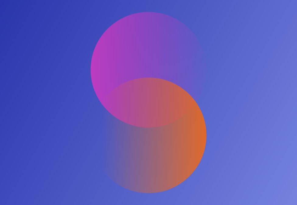 Two overlapping circles in pink and orange gradient colors on a blue gradient background