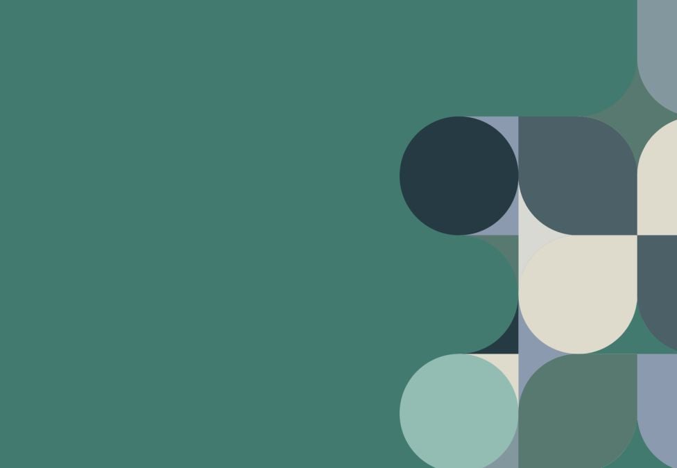 Abstract geometric composition with overlapping circles and rounded shapes in teal, cream, and muted tones