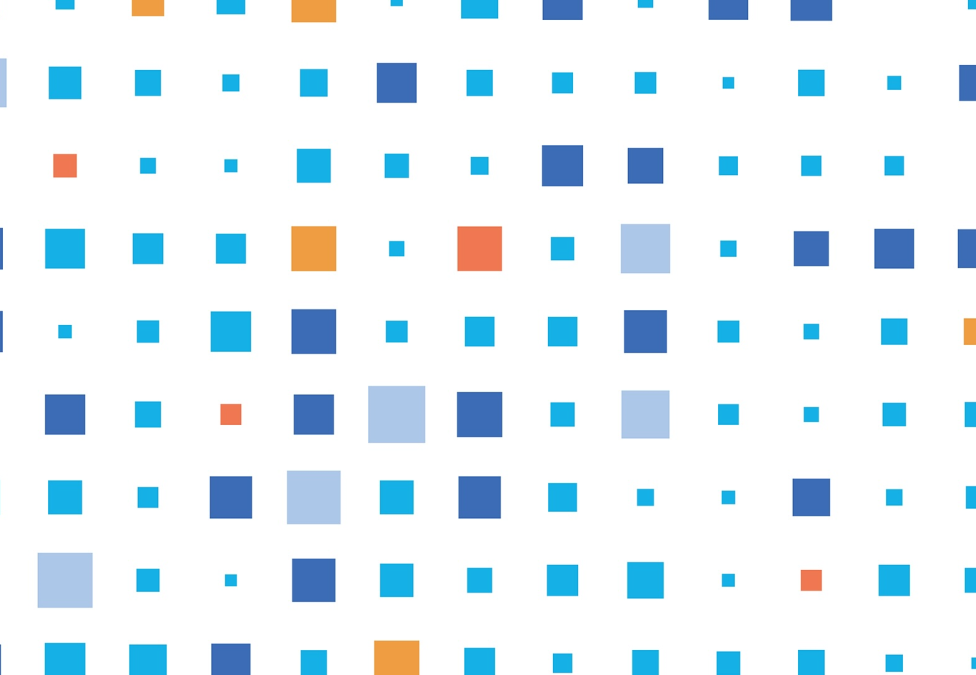 Grid pattern of small squares transitioning from blue and cyan to purple and navy tones