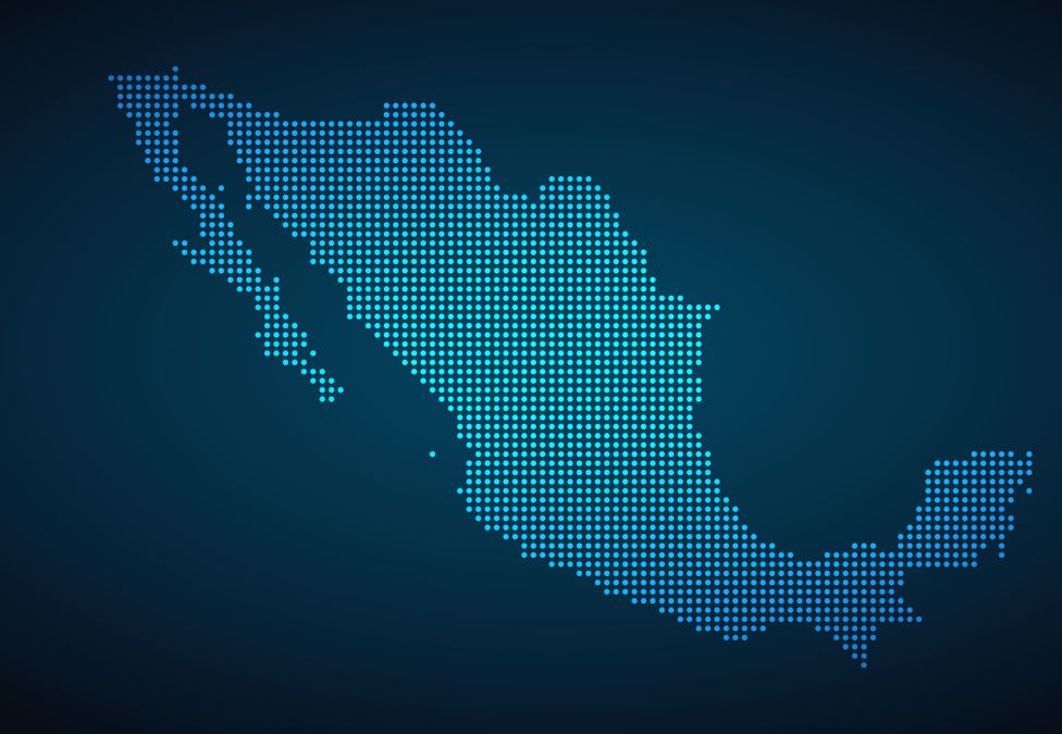 Blue dotted map of Mexico on dark background