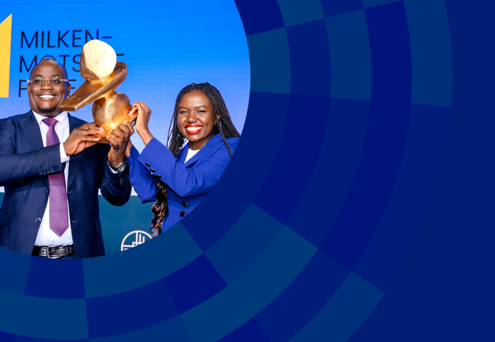 Milken-Motsepe Prize Winners holding megaphones against a blue gradient background with geometric shapes