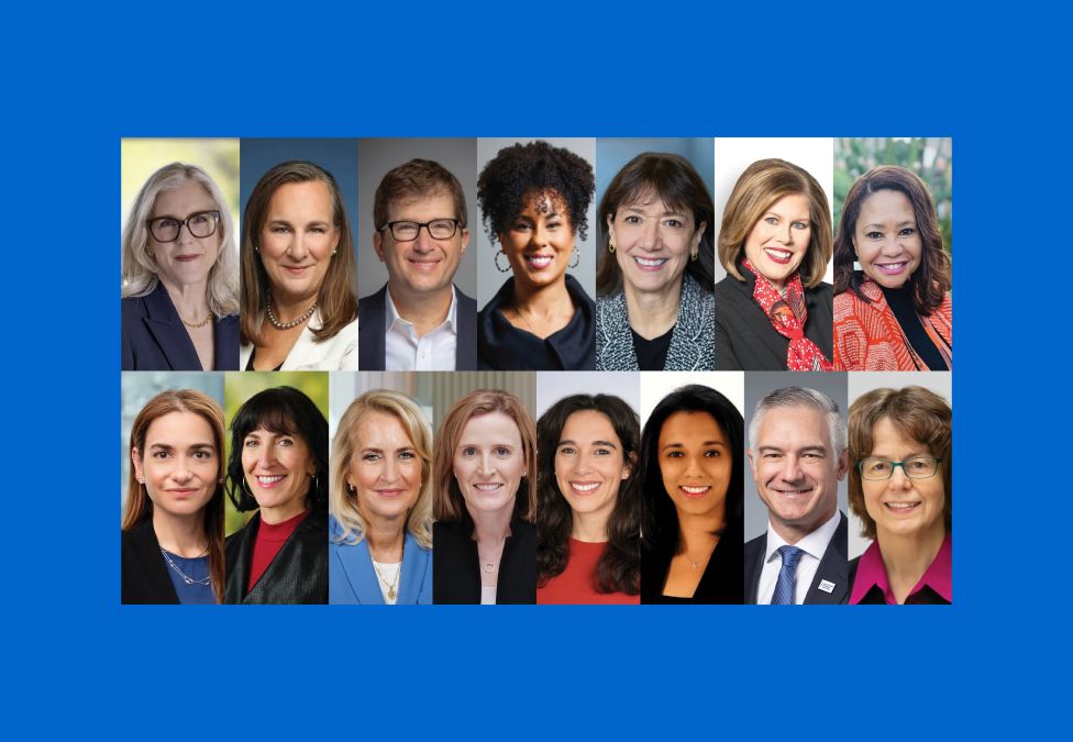 Grid of professional headshots showing diverse business people on blue background