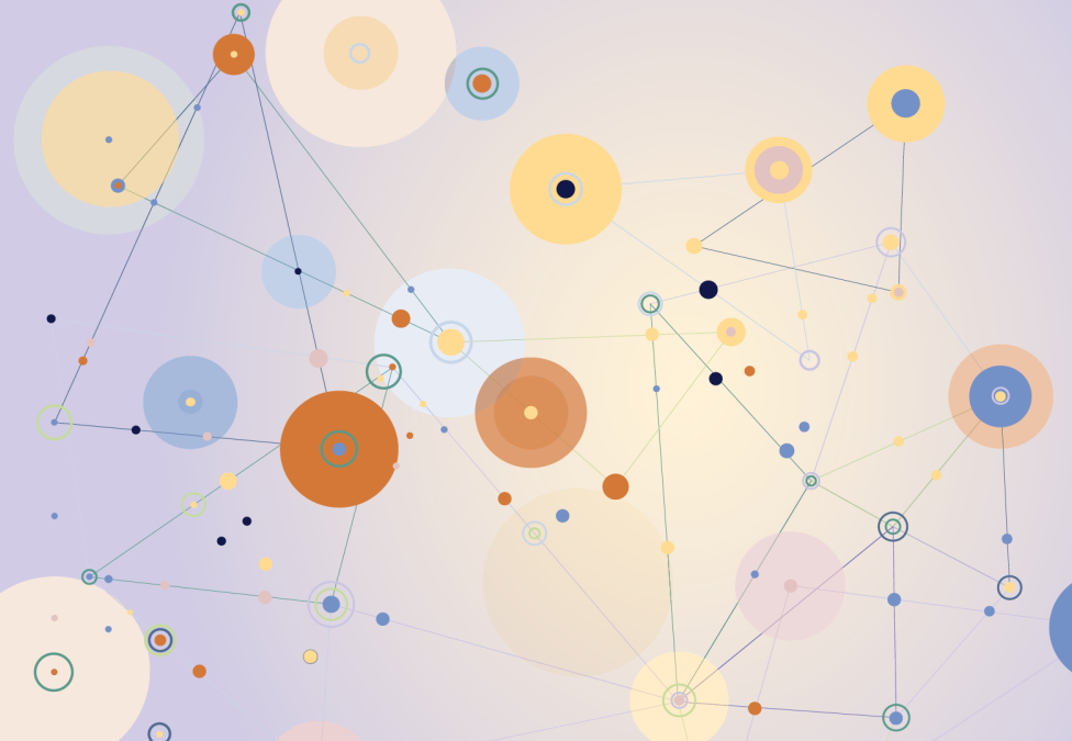 Abstract network diagram with colorful circles connected by dotted lines on purple gradient