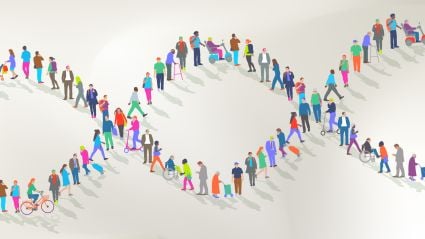 An image leading to an article titled "Bridging Gaps in Clinical Trials" from the Milken Institute. The image shows a white background with a diverse group of cartoon people wearing various colors forming a line that is shaped into a DNA symbol.