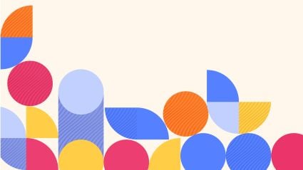 Abstract background with colorful geometric shapes including circles, semicircles, and rectangles in bright blue, orange, yellow, pink, and light purple on a cream background.