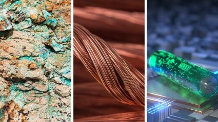 Composite image illustrating the lifecycle of critical minerals, featuring raw copper ore with turquoise deposits, polished copper wiring, and a futuristic glowing battery resting on a circuit board.