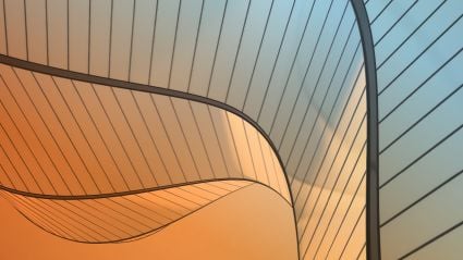 Abstract architectural panels with curved, overlapping lines in warm orange and cool blue gradients.